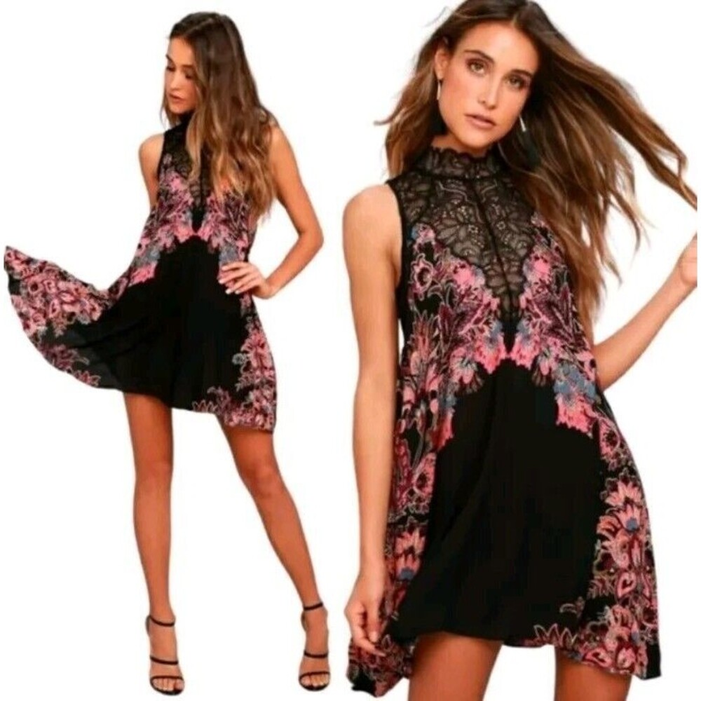 NWOT Free People Elegant Black and Pink Lace Mini Dress Xs
